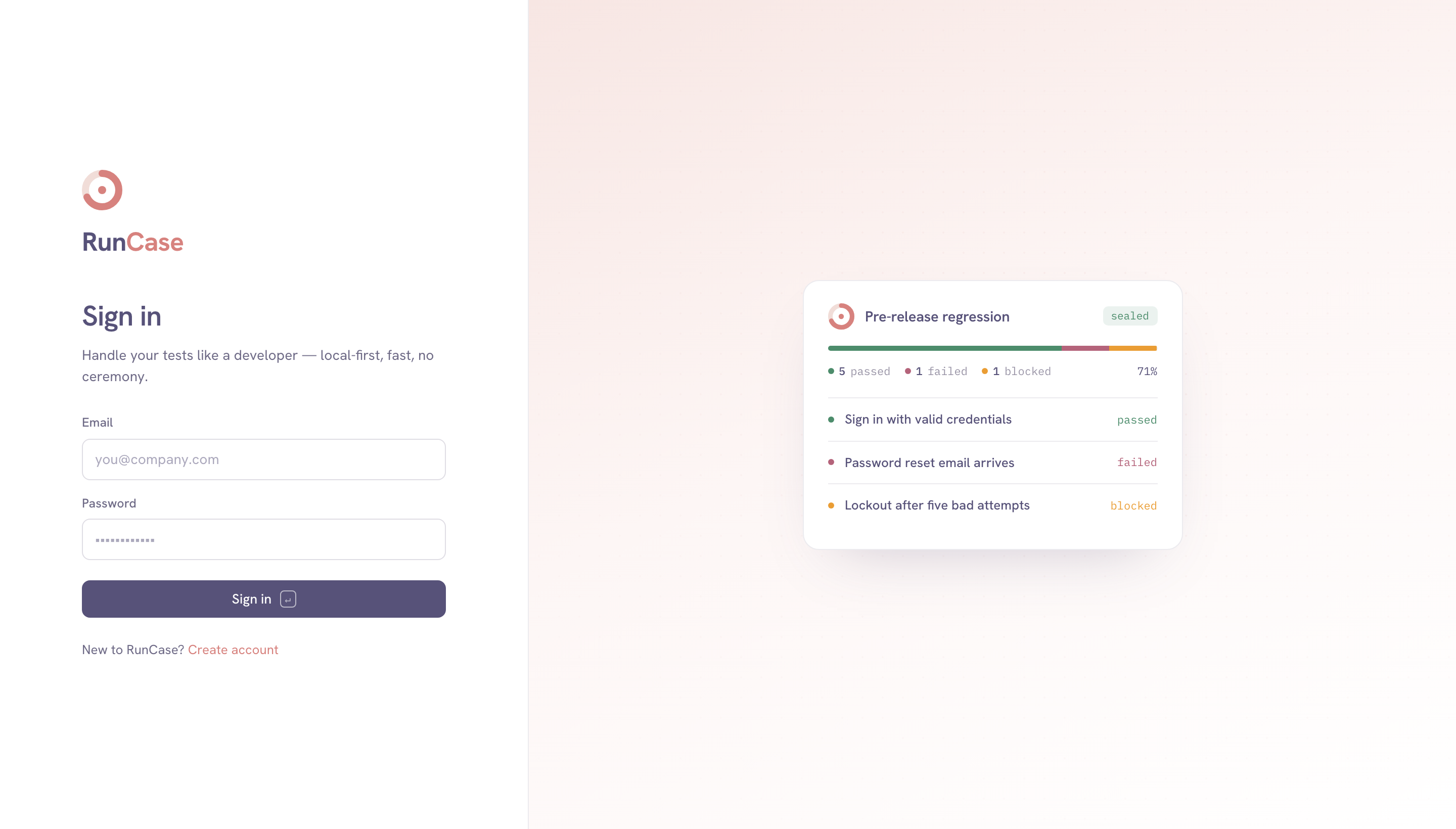 RunCase sign-in with a sealed-run report