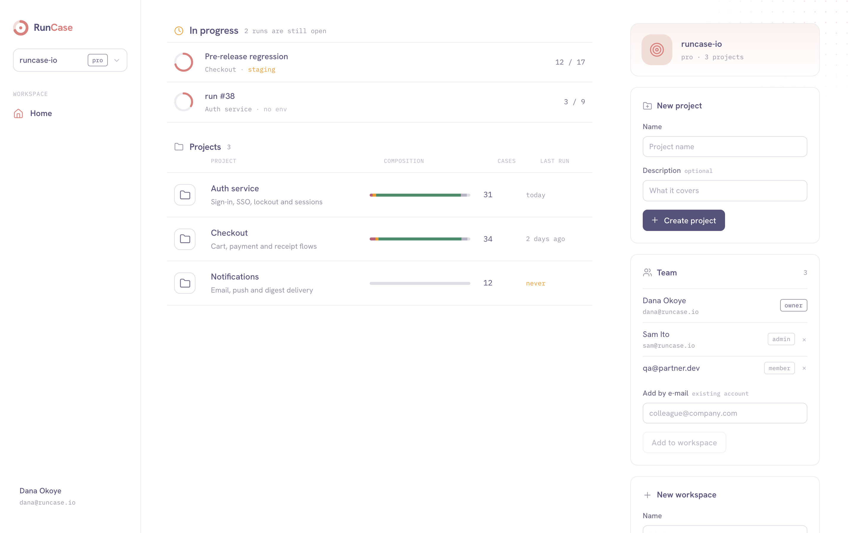 RunCase workspace — open runs and projects